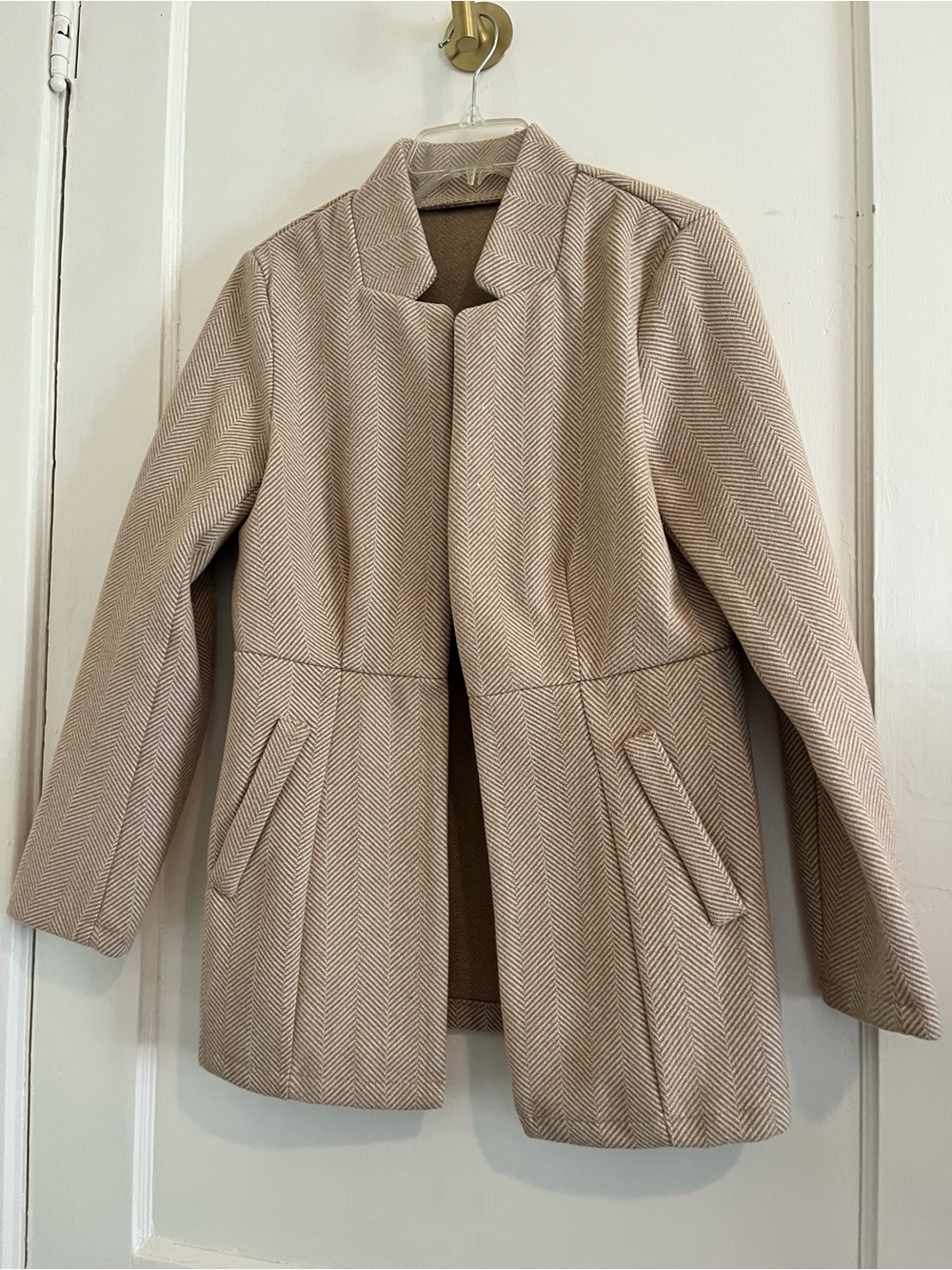 SHEIN Beige Herringbone Stand-Collar Pea Coat
